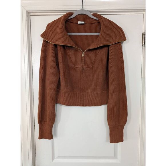 Varley Mentone Half-Zip Knit Pullover Sweater women's large brown ribbed knit‎ - Picture 2 of 9